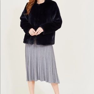 Yumi Navy Collarless Faux Fur Coat Jacket Plush